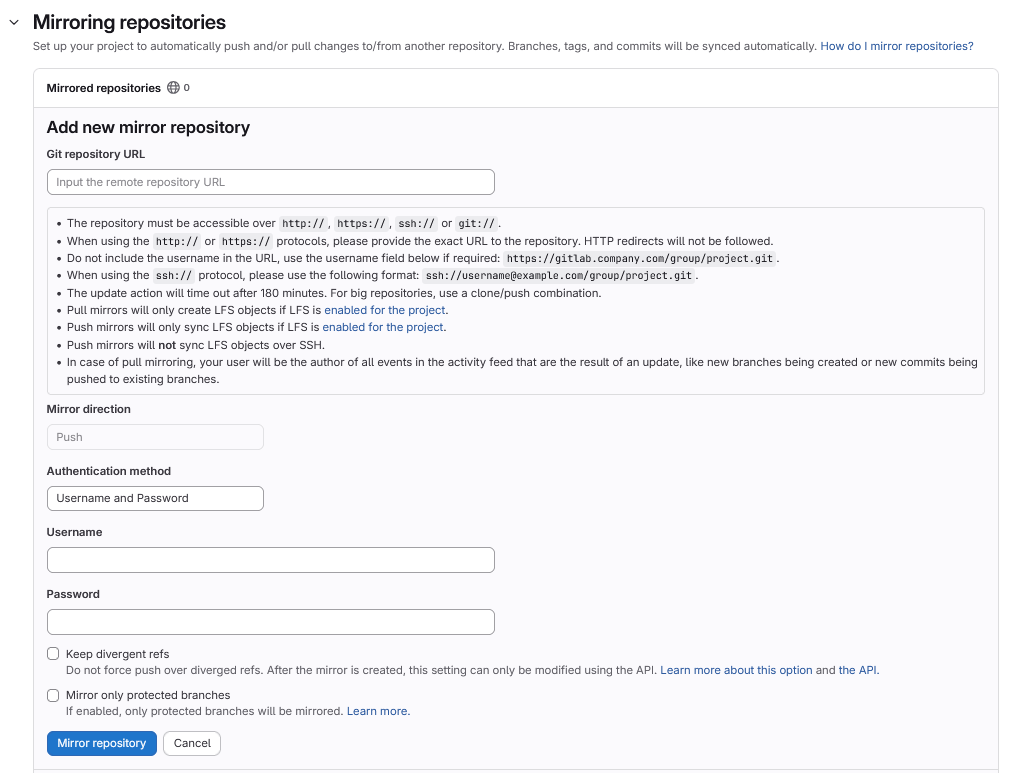 Oberfläche mit den Einstellungen zum Spiegeln eines Projekts