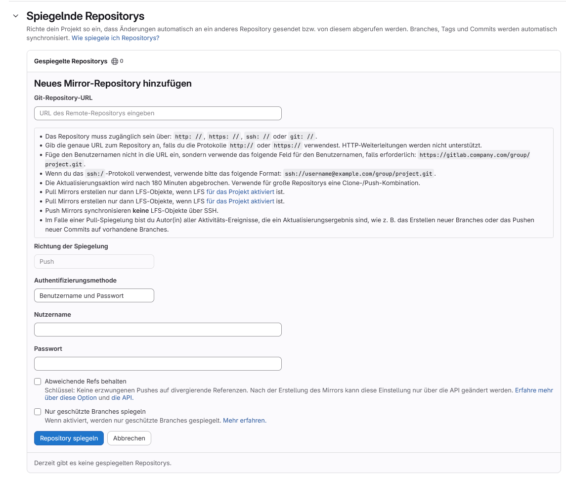 Oberfläche mit den Einstellungen zum Spiegeln eines Projekts